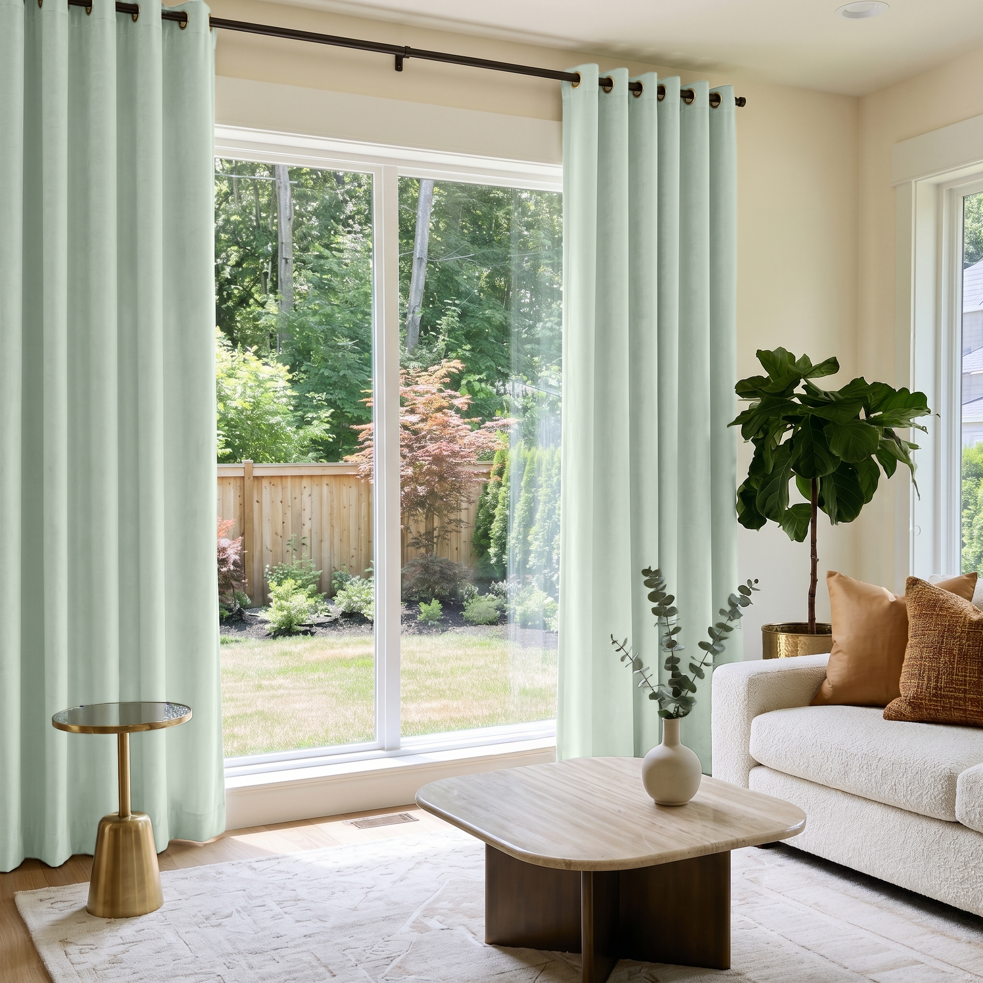 Mint Green Velvet Grommet Curtains in a Modern Living Room with a White Bouclé Sofa and Brass Side Table
