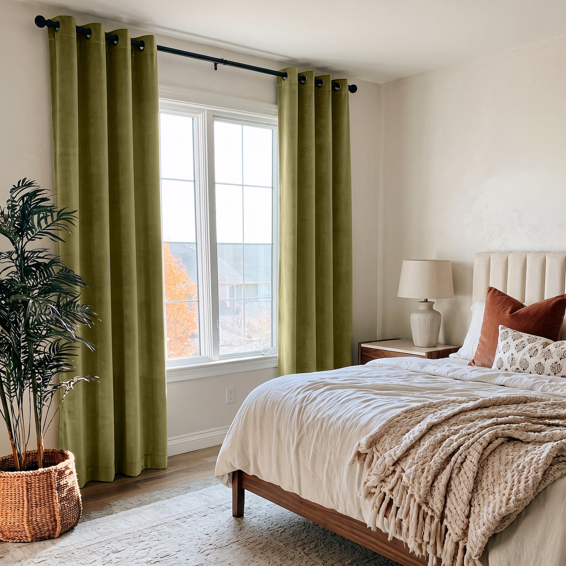 Moss Green Velvet Grommet Curtains in a Cozy Bedroom with Cream Walls and White Bedding
