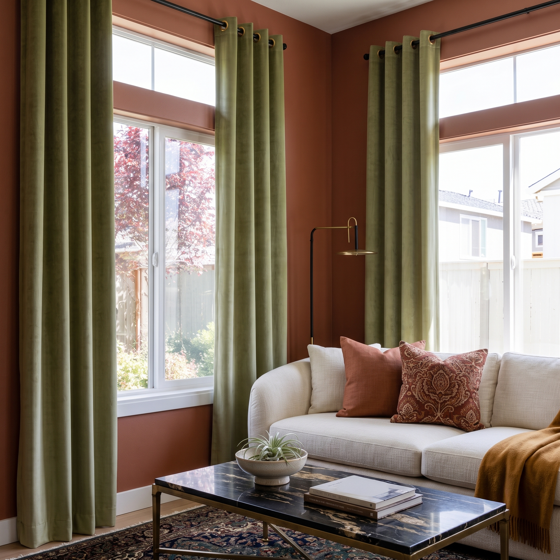 Olive Green Velvet Grommet Curtains in a Contemporary Living Room with Terracotta Walls