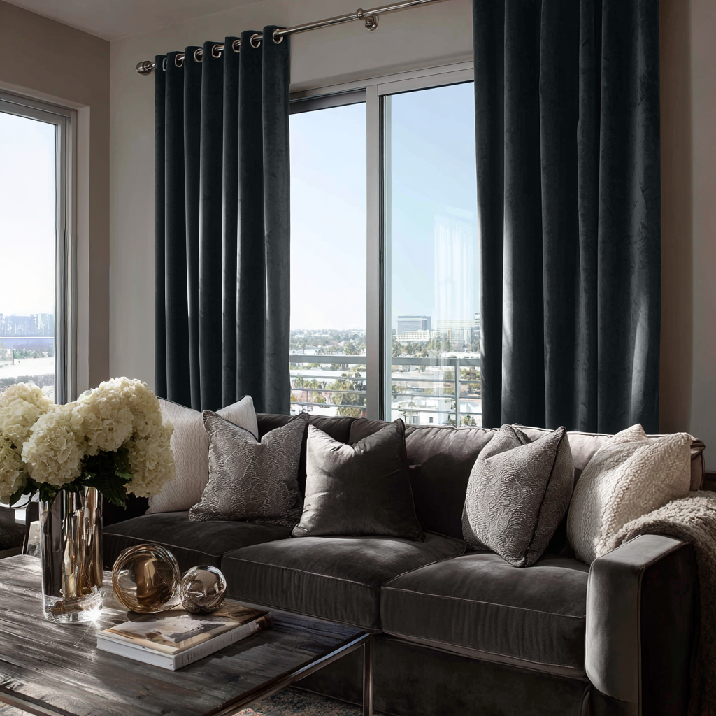 Steel Black Velvet Grommet Curtains in a Contemporary High-Rise Living Room with a Charcoal Sofa