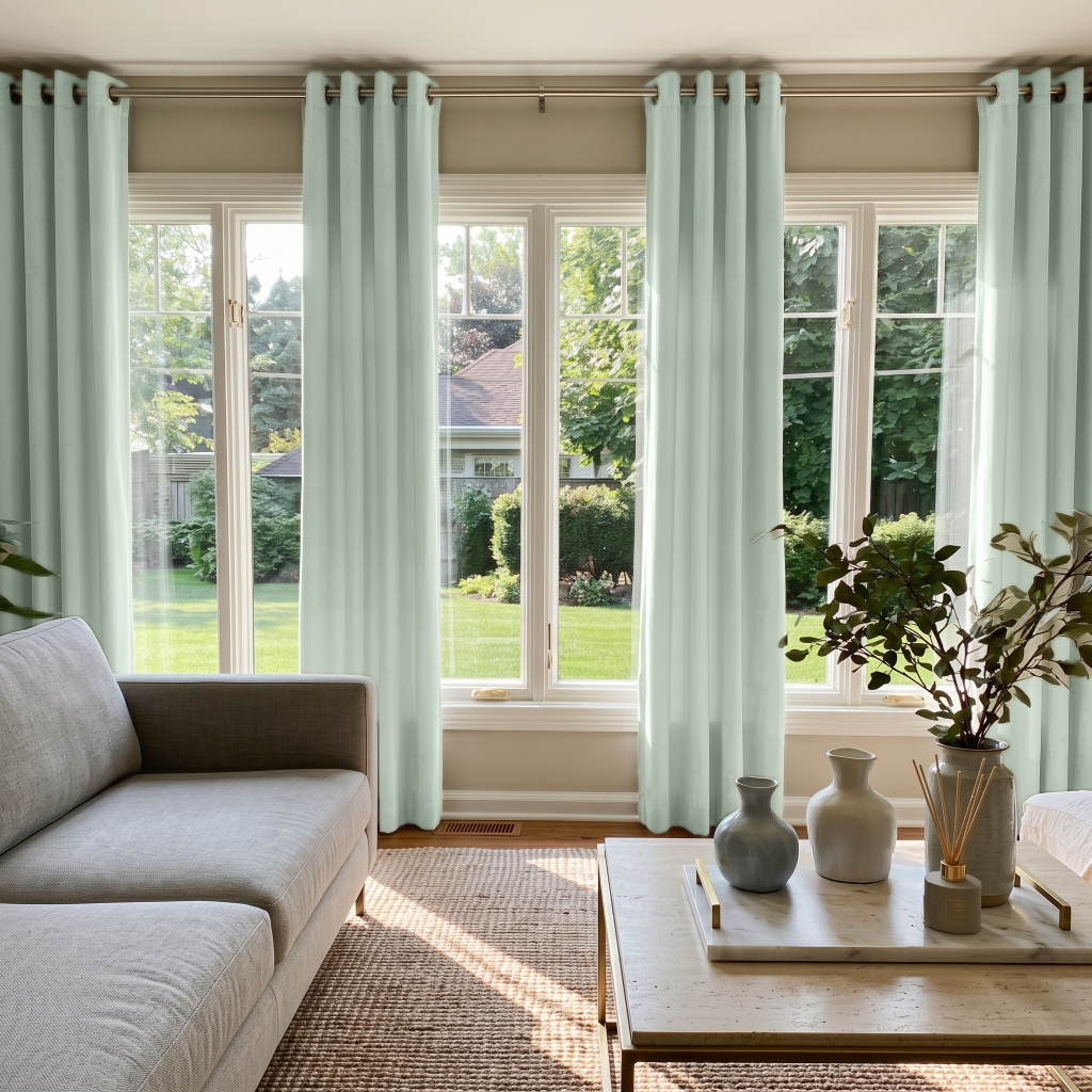 Mint Green Velvet Grommet Curtains in a Bright Living Room with a Gray Sectional Sofa and Marble Coffee Table