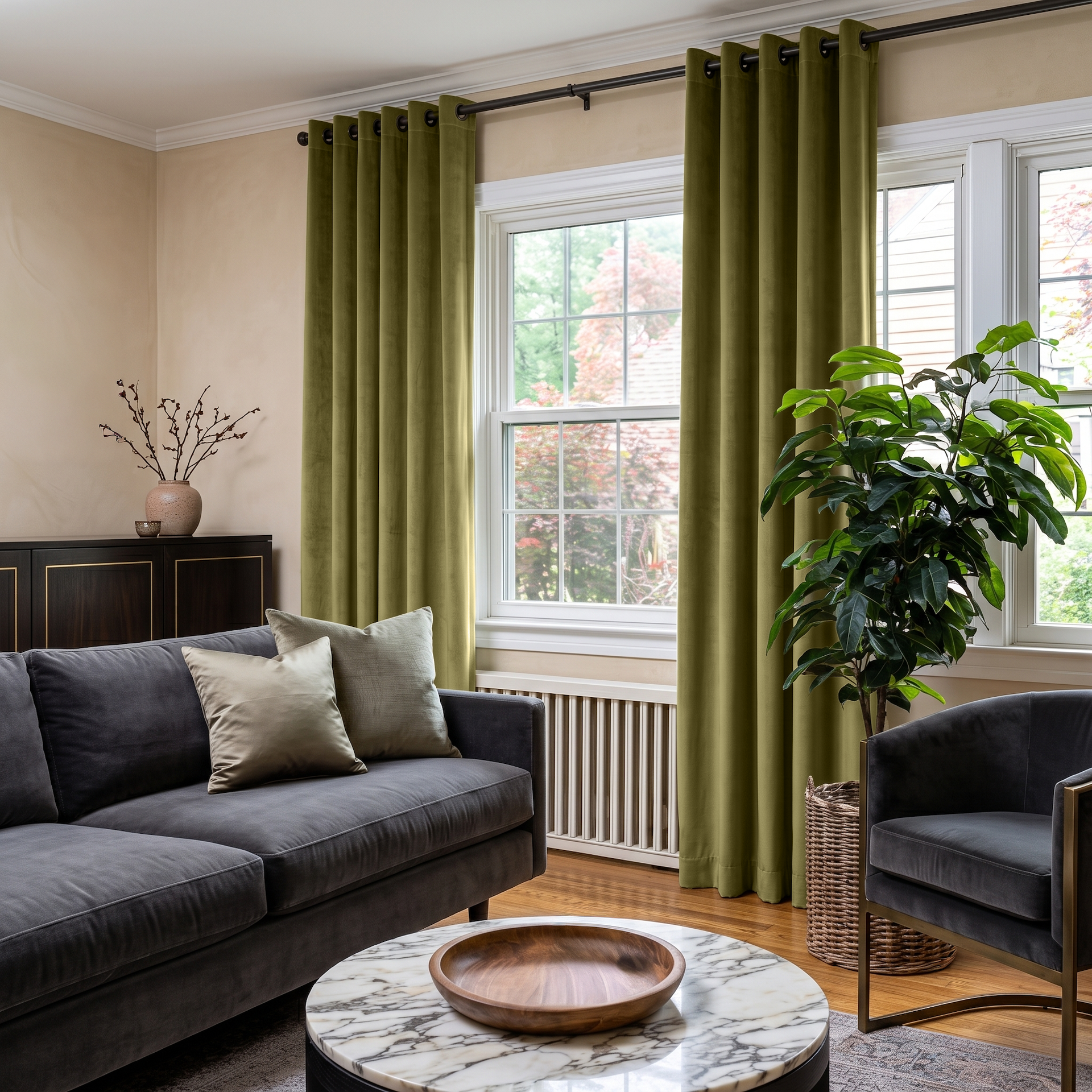 Moss Green Velvet Grommet Curtains in a Contemporary Living Room with Beige Walls and a Charcoal Sofa