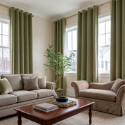 Olive Green Velvet Grommet Curtains in a Traditional Living Room with Cream Walls