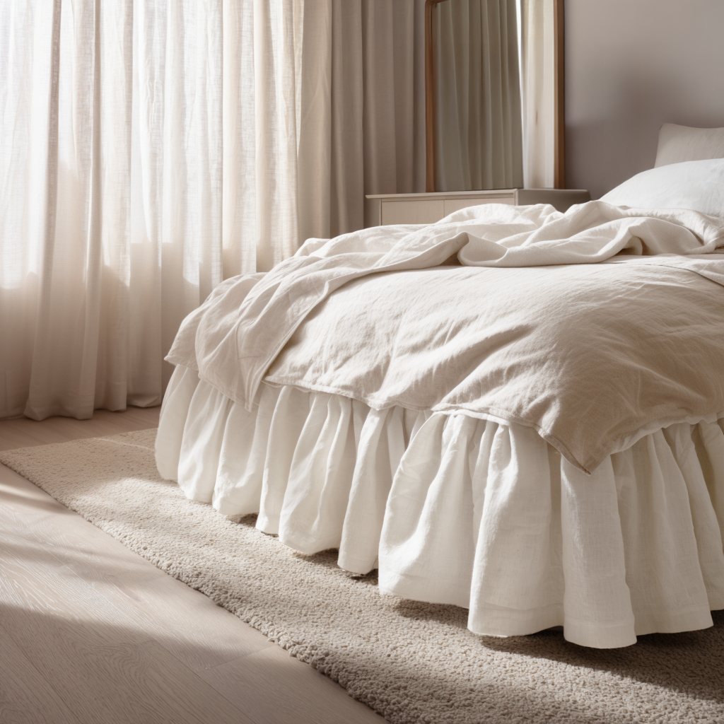 Off-White Heavy Weight Linen Bed Skirt with Gathered Ruffles