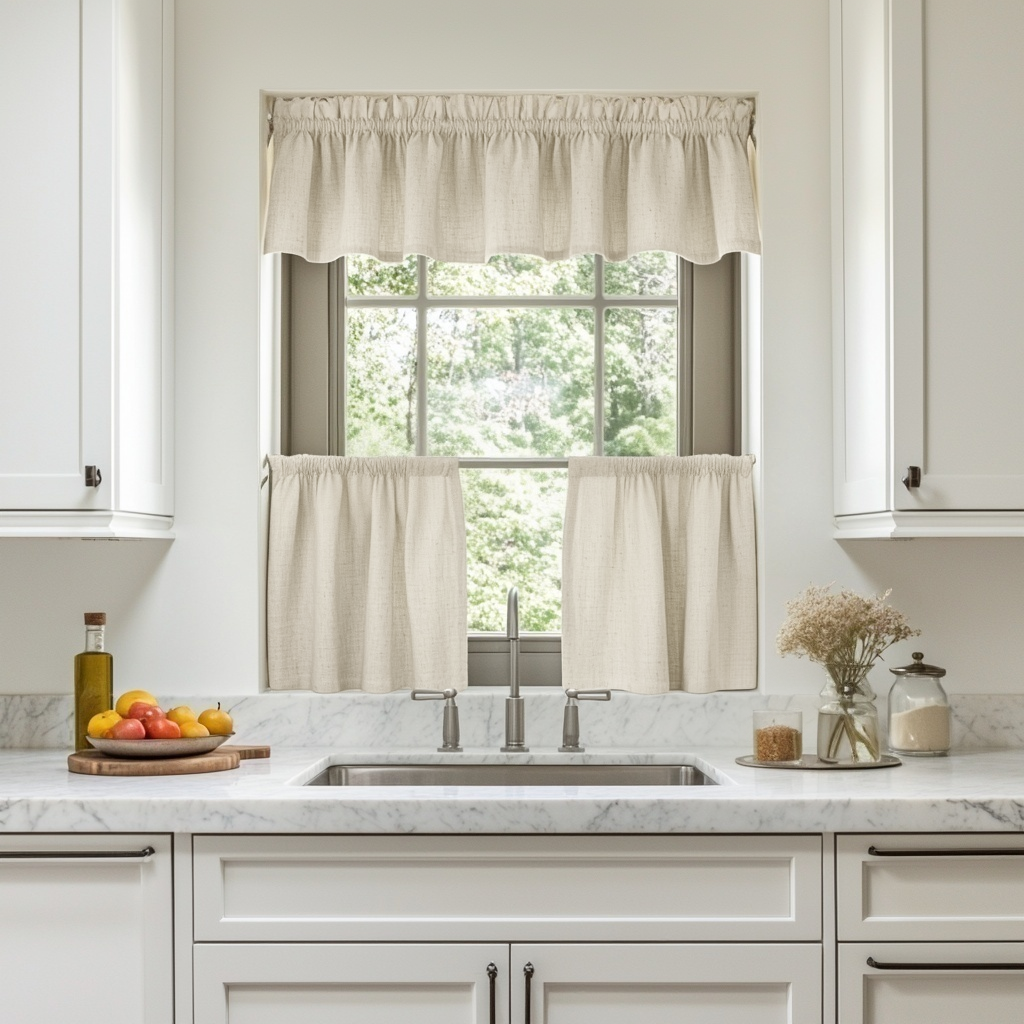 Ecru Heavy Weight Linen Cafe Curtains Valance Set