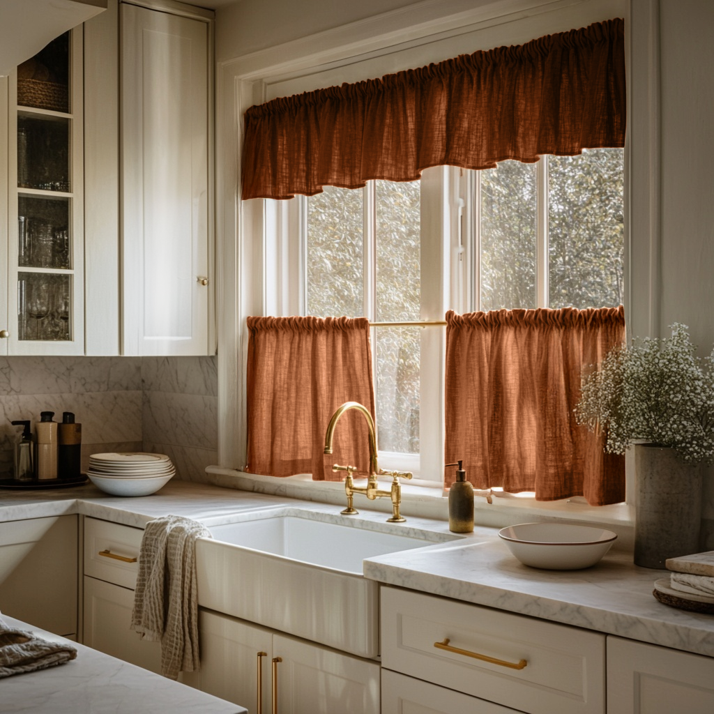 Terracotta Heavy Weight Linen Cafe Curtains Valance Set