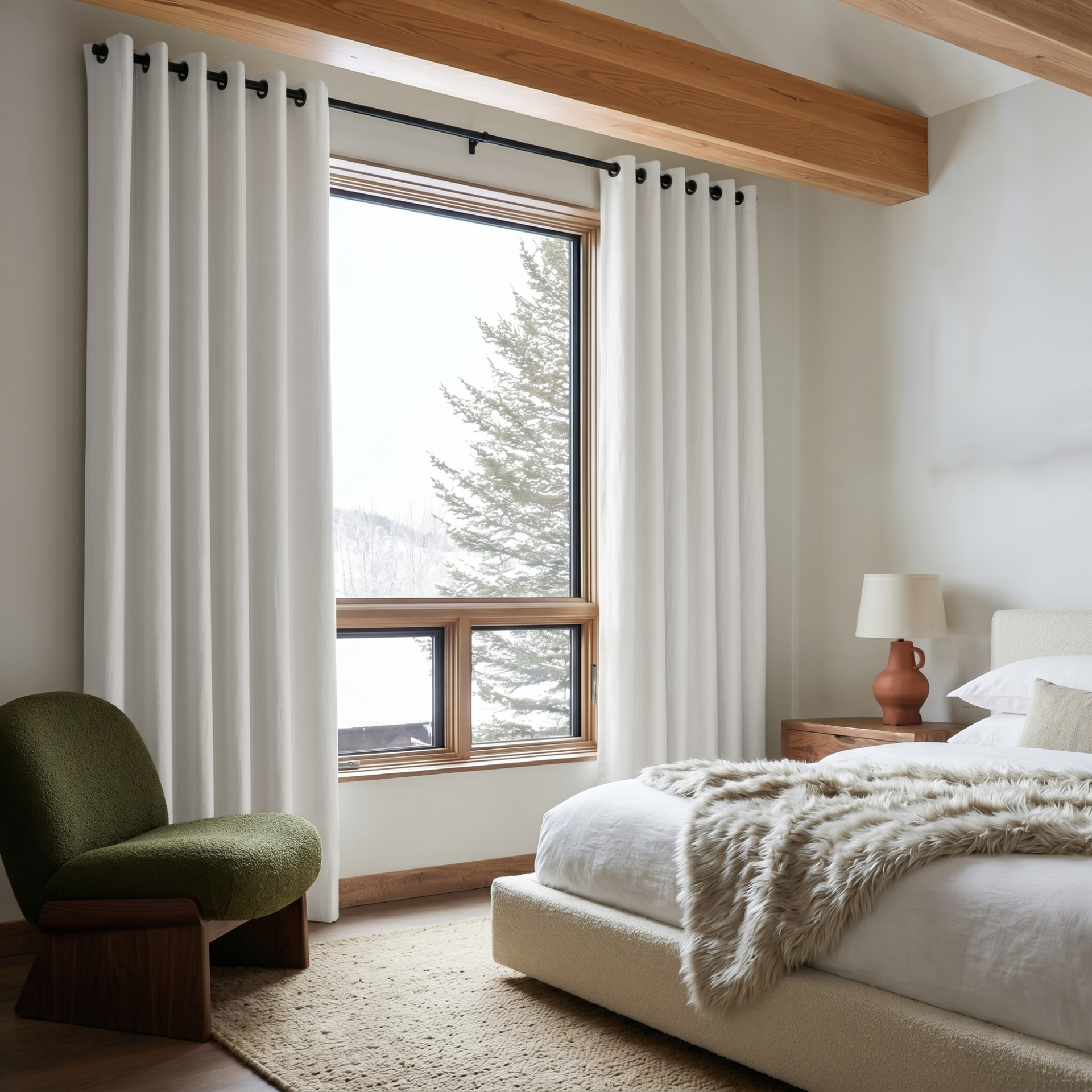 Off-White Heavy Weight Linen Grommet Curtains in a Warm Neutral Bedroom With Beige Bedding and Exposed Wood Beams - Blackout Lining