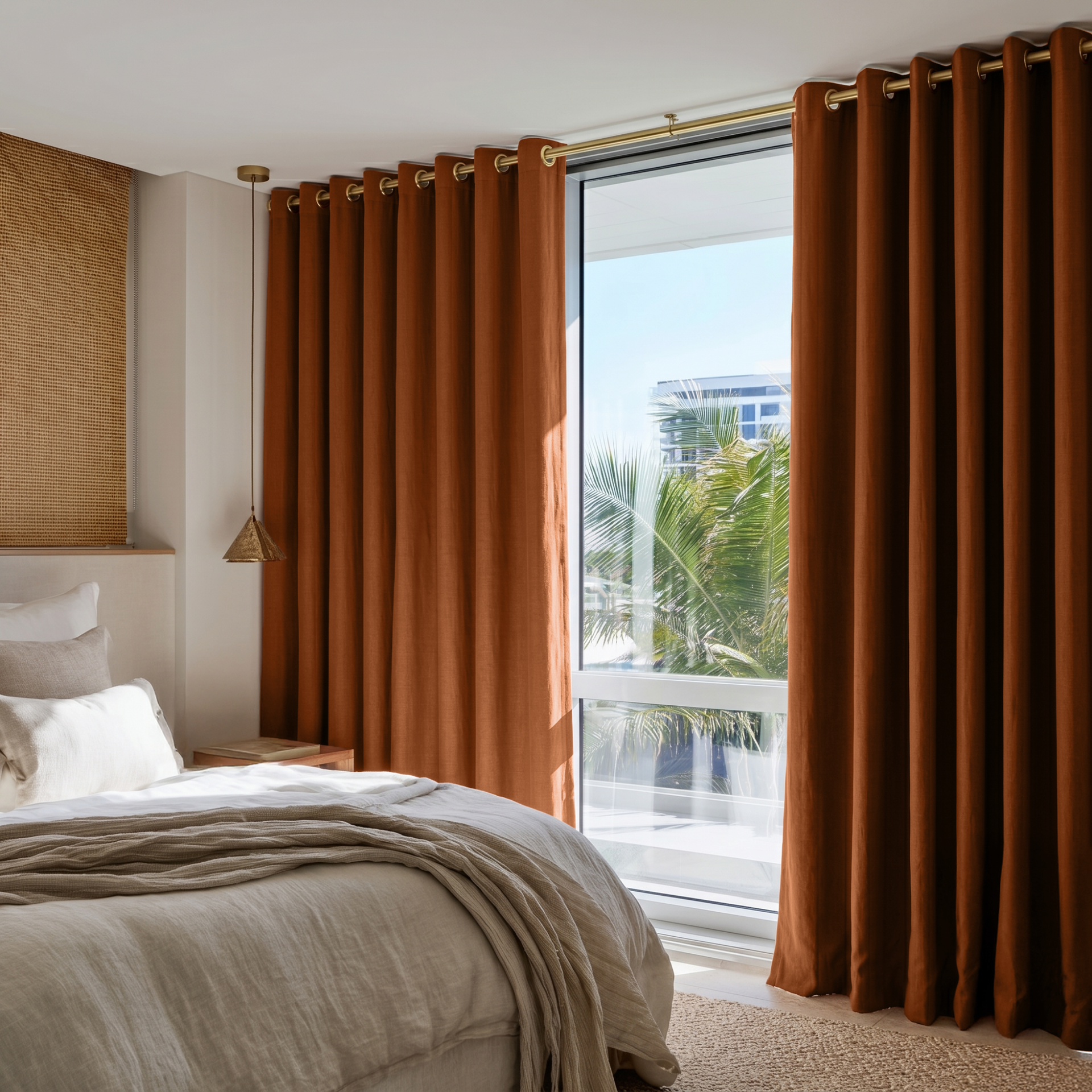 Terracotta Heavy Weight Linen Grommet Curtains in a Bright Neutral Bedroom With Warm White Walls - Blackout Lining