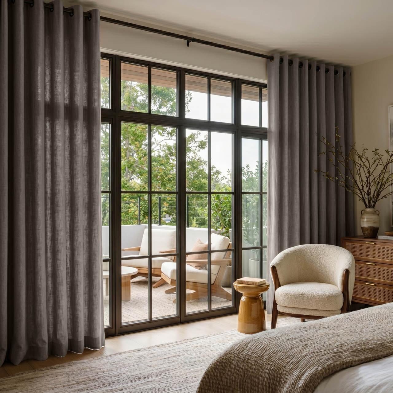 Natural Heavy Weight Linen Grommet Bedroom Curtains in a Calm Modern Bedroom with Textured Neutral Bedding and Cream Accents