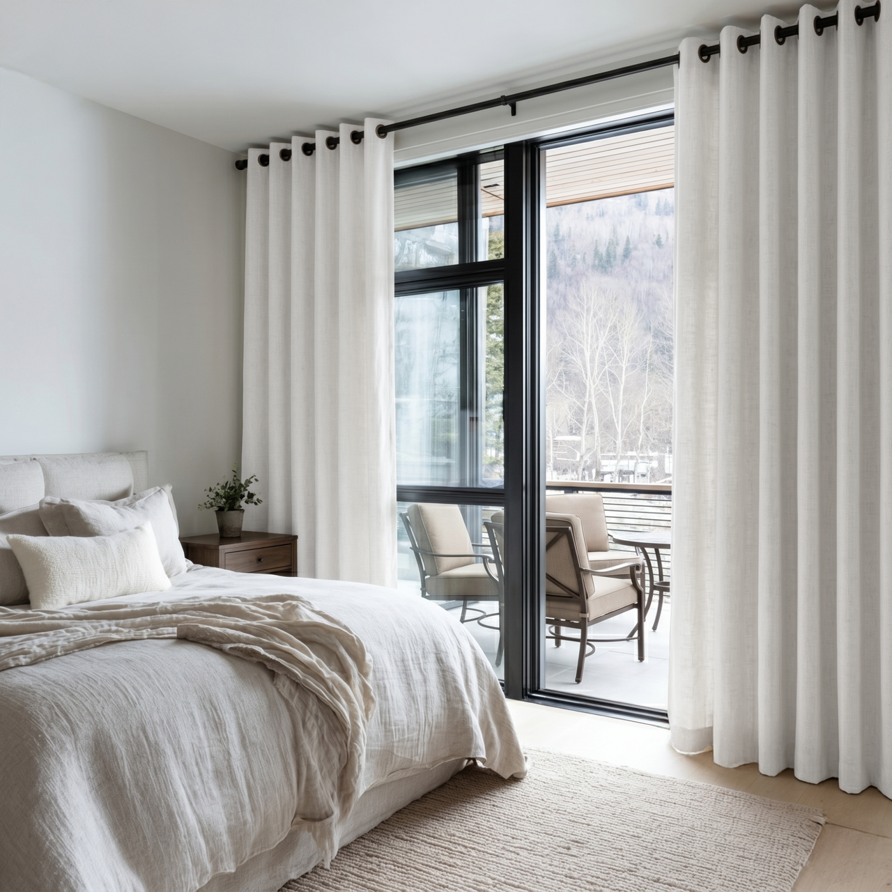 Off-White Heavy Weight Linen Grommet Curtains in a Soft Neutral Bedroom - Cotton Lining