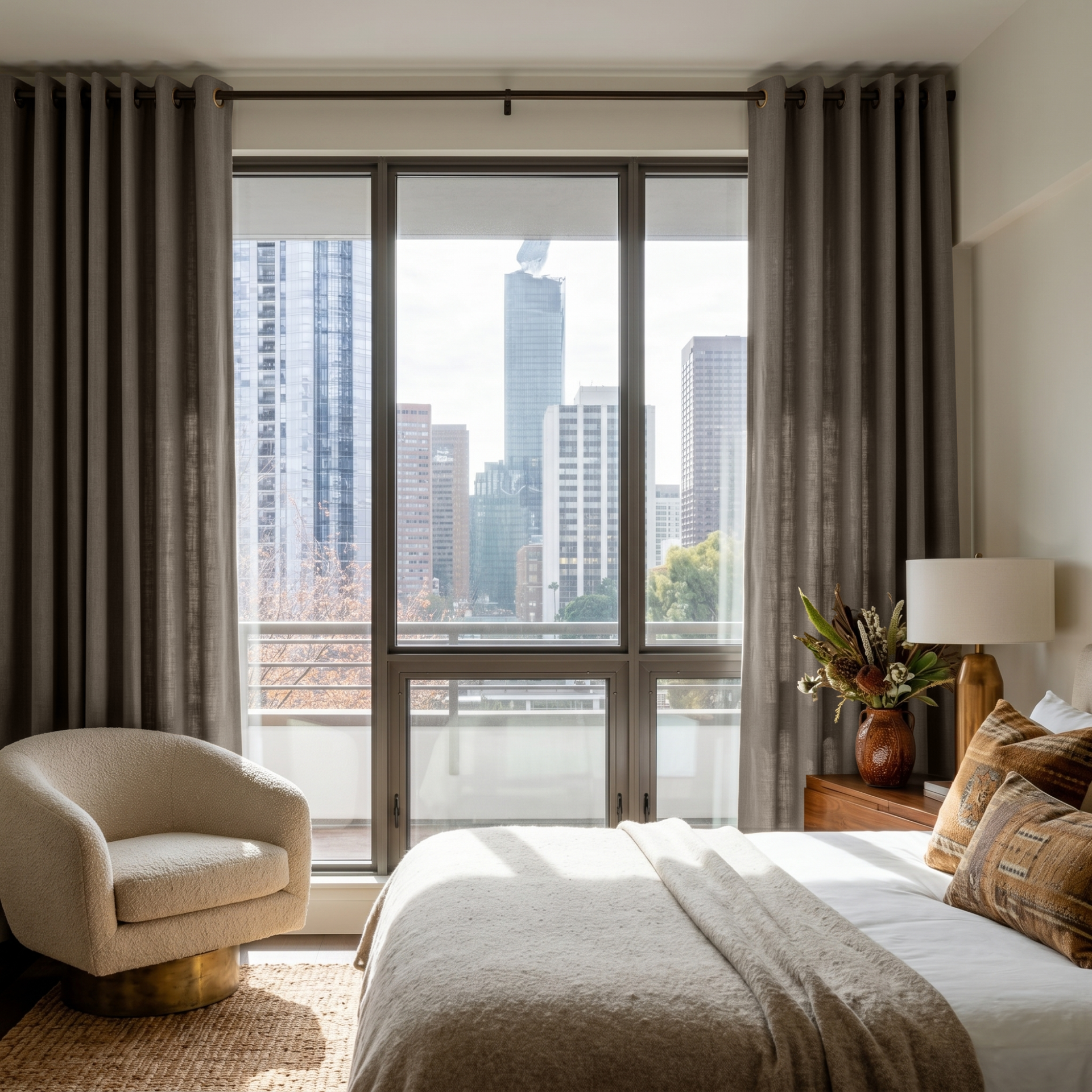 Natural Heavy Weight Linen Grommet Bedroom Curtains in a Warm Contemporary Bedroom with Honey Wood Accents