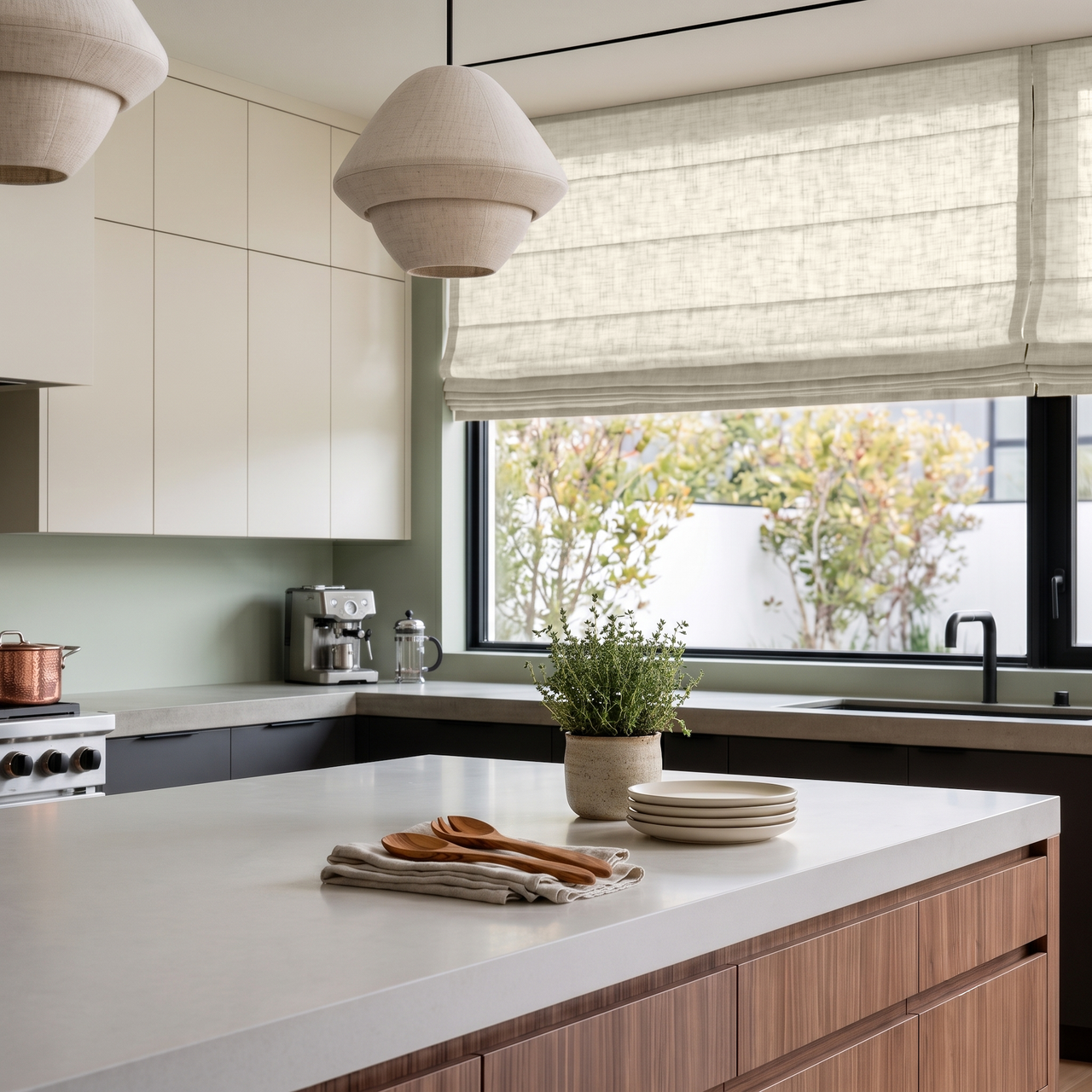 Ecru Heavy Weight Linen Roman Shades in a Modern Kitchen with Sage Green Walls