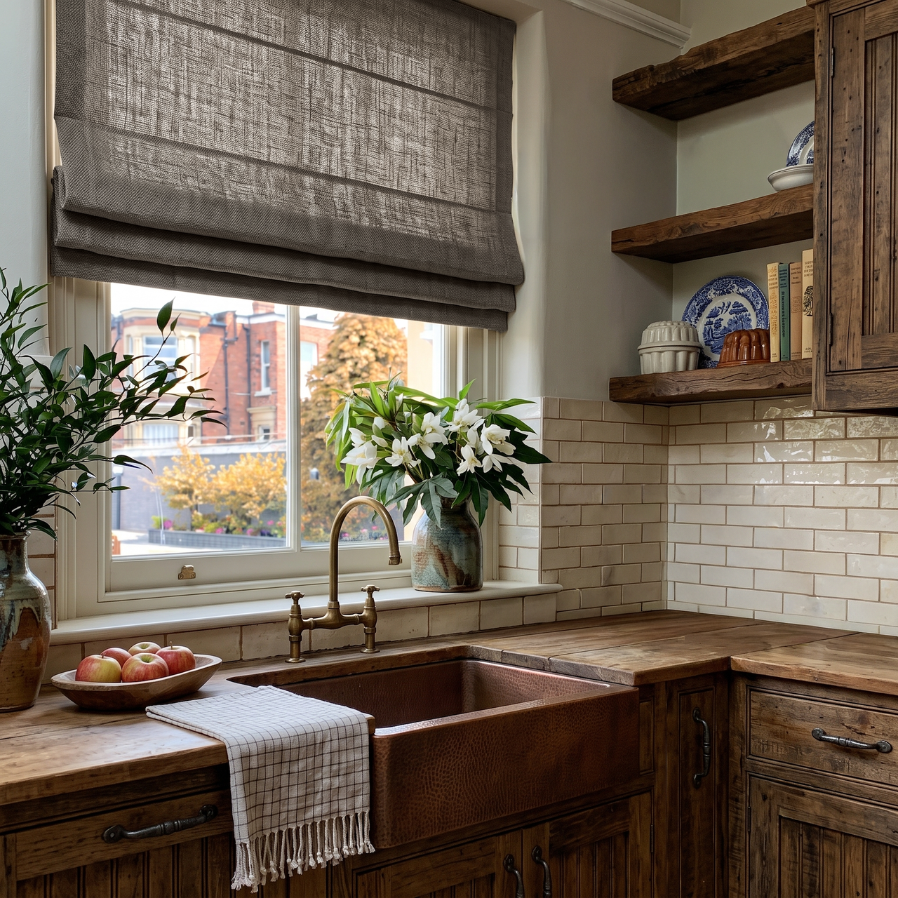 Natural Heavy Weight Linen Roman Shades in a Rustic Kitchen with Reclaimed Wood Cabinetry