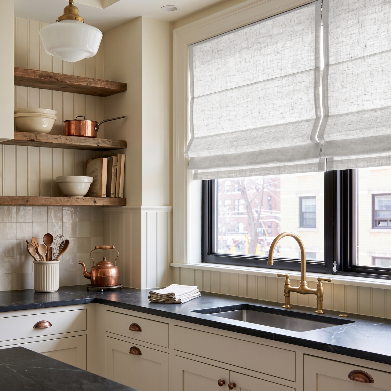 Off-White Heavy Weight Linen Roman Shades in a Warm Cottage Kitchen with Beadboard Walls