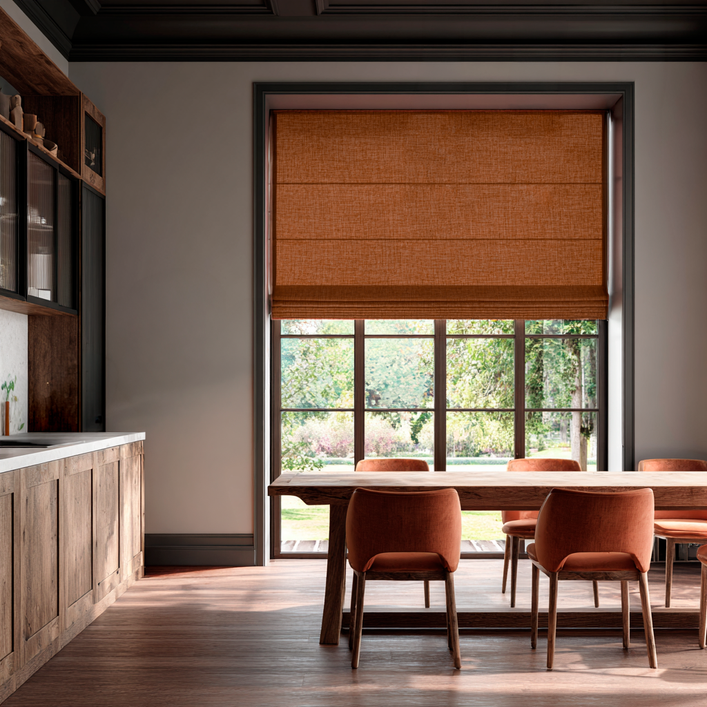 Terracotta Heavy Weight Linen Roman Shades in a Modern Dining Kitchen with Warm Wood Cabinets