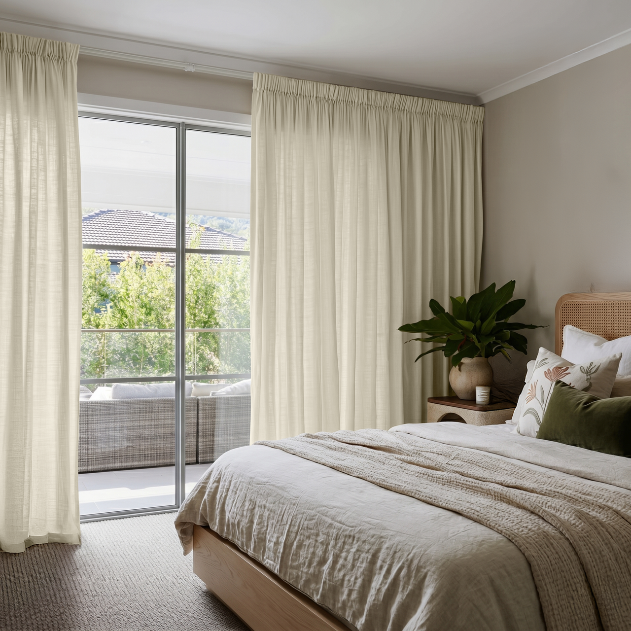 Ecru Heavy Weight Linen Pencil Pleat Bedroom Curtains in a Calm Neutral Bedroom with Taupe Walls and Olive Green Accents