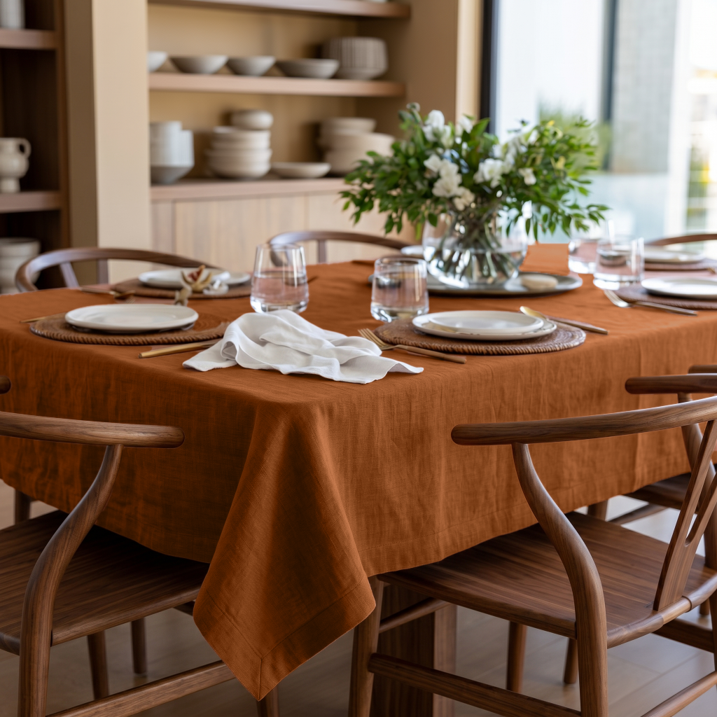 Terracotta Rectangular Heavy Weight Linen Tablecloth in a Mid-Century Modern Dining Room with Walnut Chairs and Open Shelving