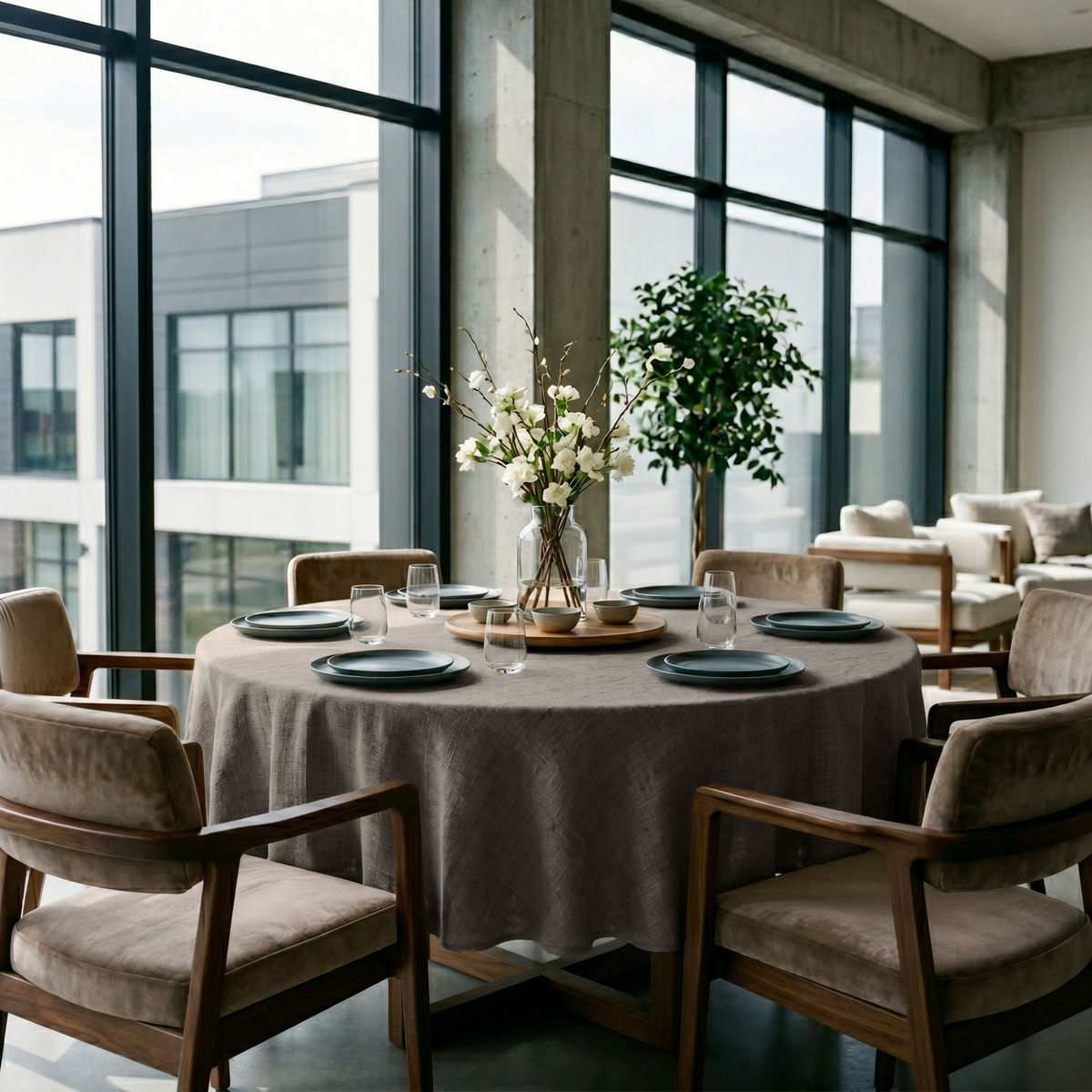 Natural Heavy Weight Linen Round Tablecloth in a Modern Dining Room