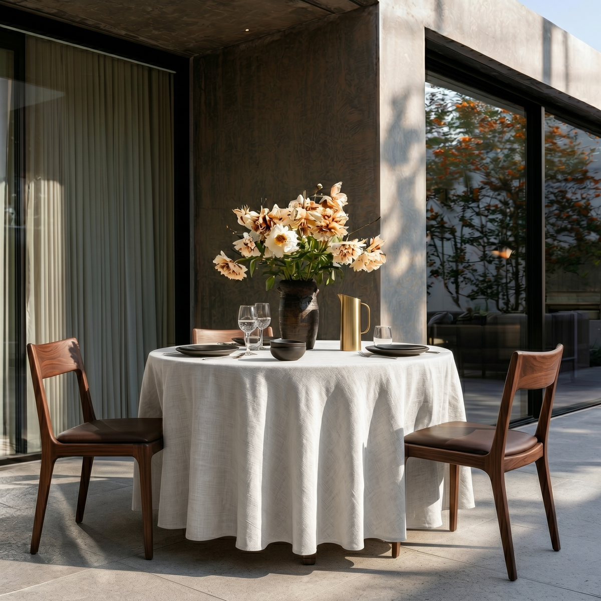 Off-White Heavy Weight Linen Round Tablecloth in a Modern Patio Dining Space
