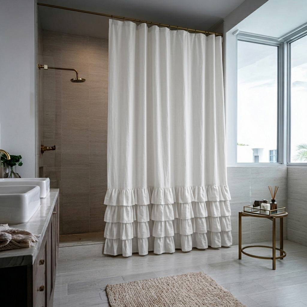 Off-White Heavy Weight Linen Ruffled Shower Curtain