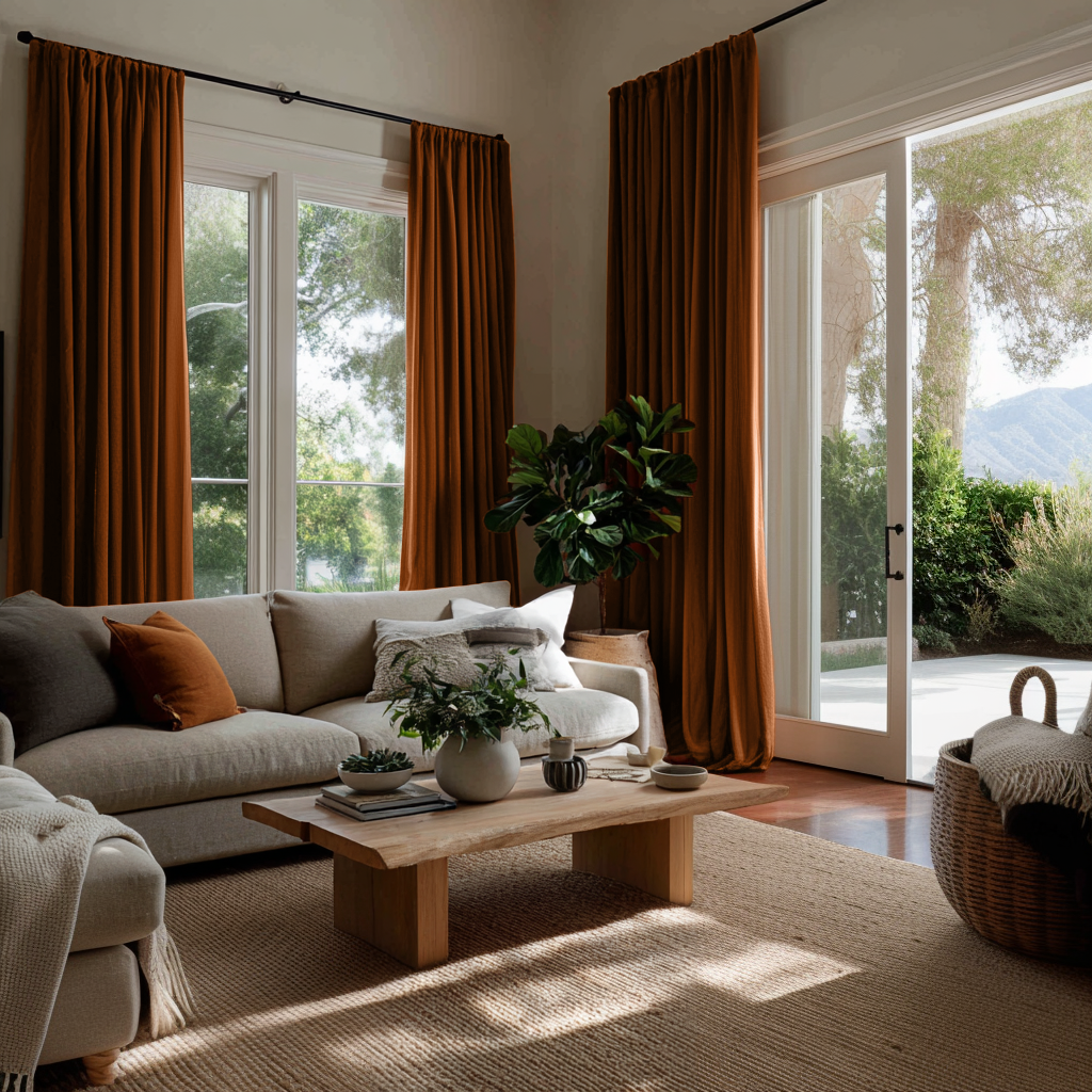 Terracotta Heavyweight Linen Soundproof Curtains with Multitape