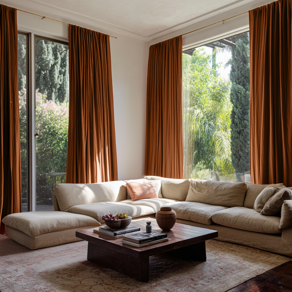 Terracotta Heavyweight Linen Soundproof Curtains with Multitape