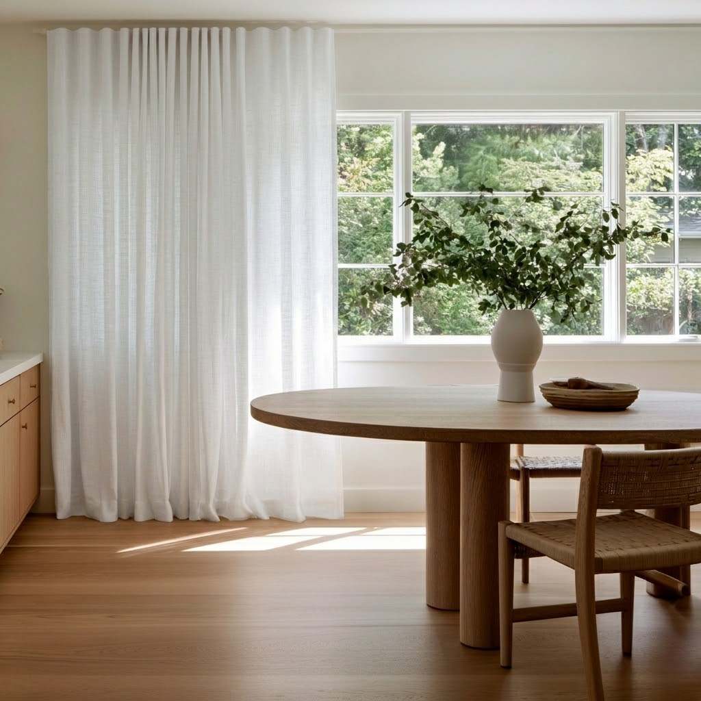 Heavy Weight Off-White Linen Back Tabs Dining Room Curtain in a Minimalist Dining Room with White Walls, a Round Oak Table and Woven Dining Chairs.