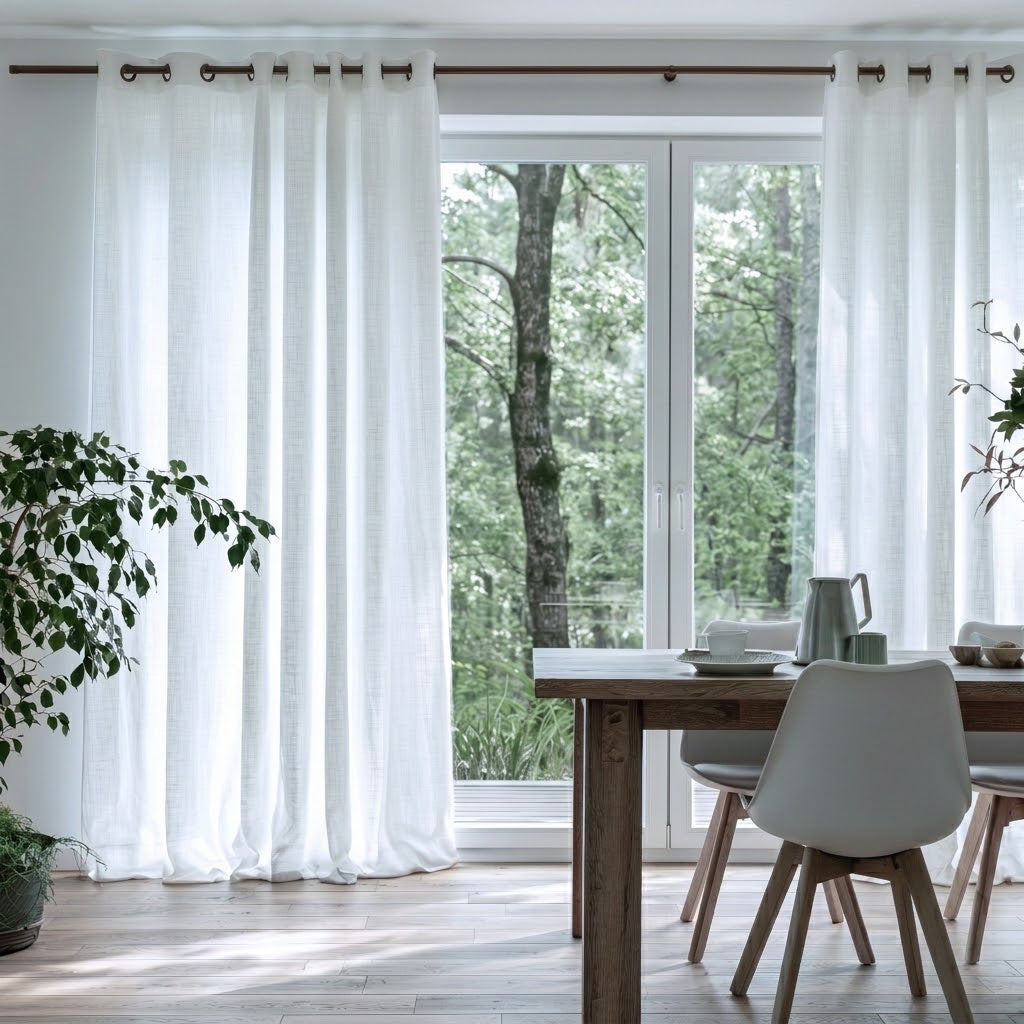 Heavy Weight Off-White Linen Grommets Dining Room Curtain in a Rustic Modern Dining Room with White Walls, a Natural Wood Table and White Molded Chairs.