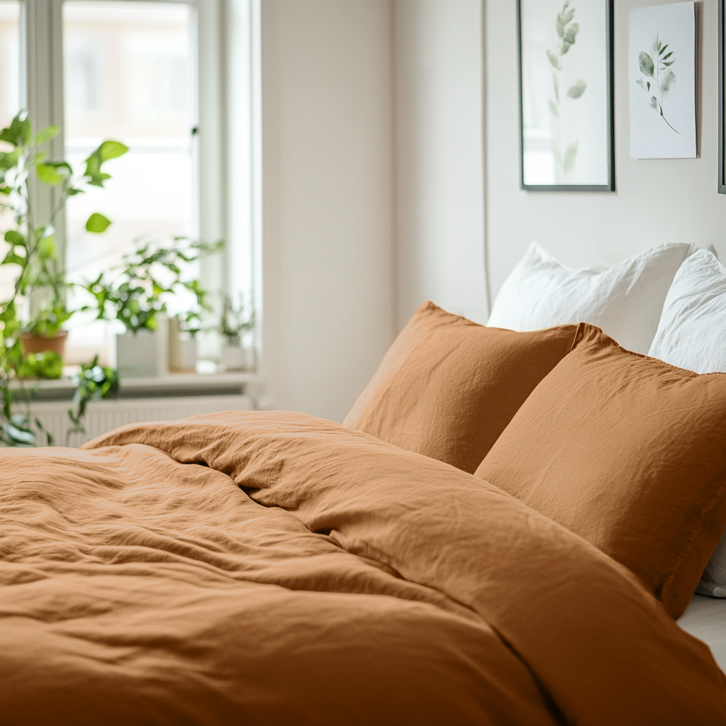 Brown Terracotta Clay Washed Heavyweight Linen Duvet Cover Set - Close Up Photo