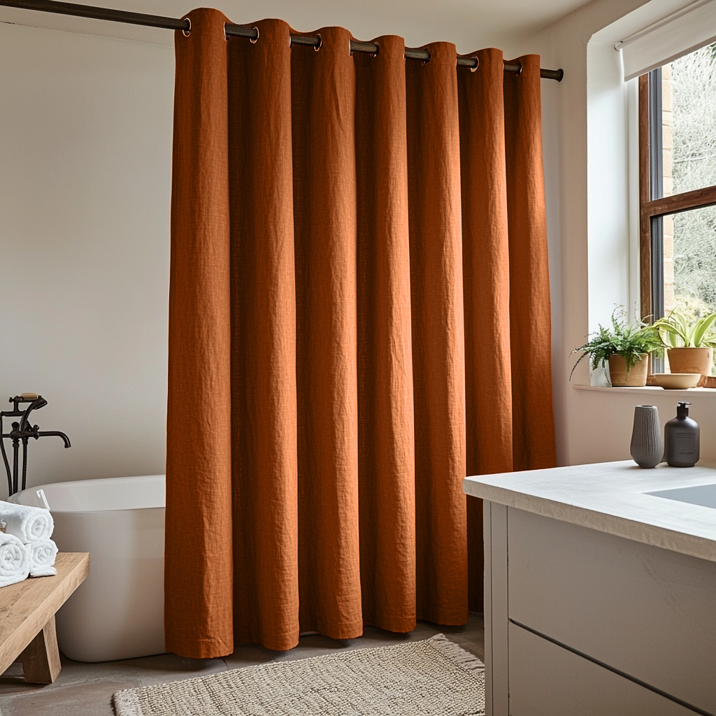 Terracotta Heavy Weight Hookless Linen Shower Curtain