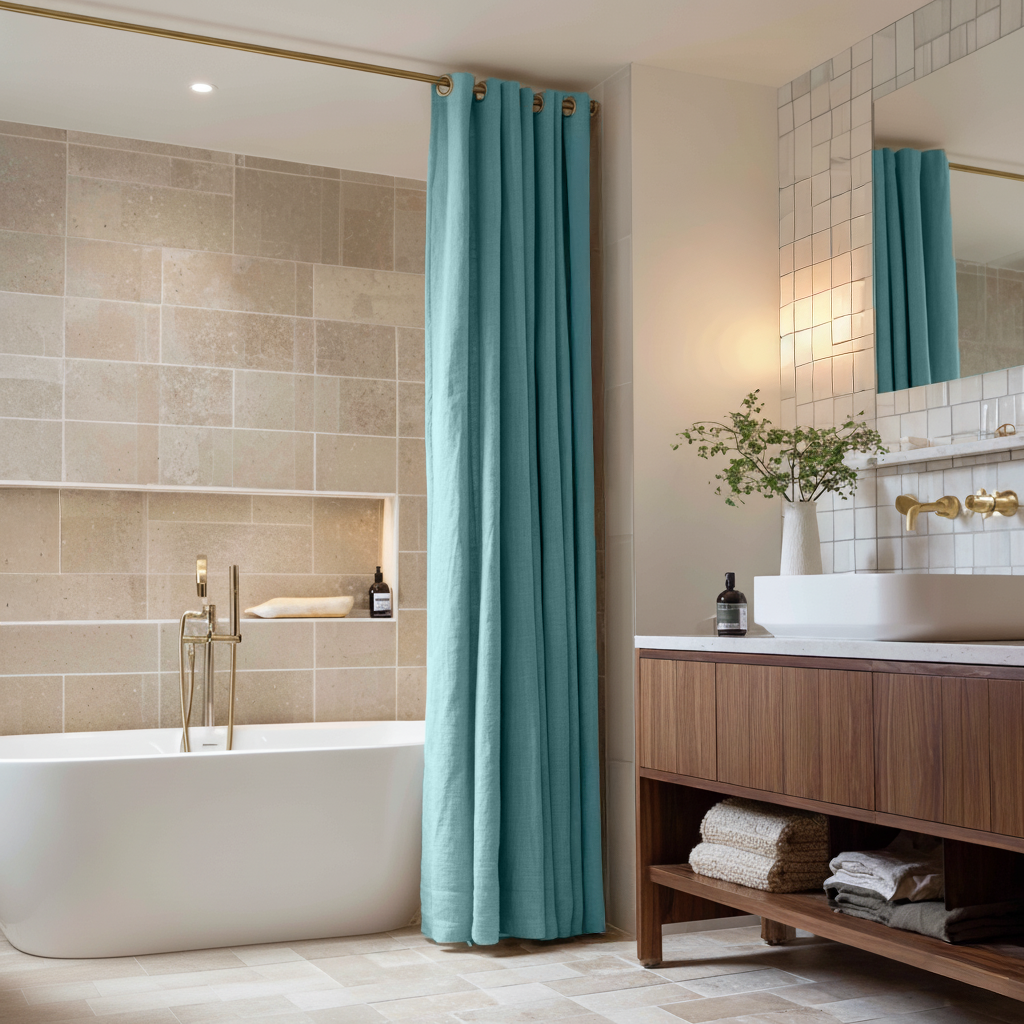 Aquamarine Hookless Linen Shower Curtain