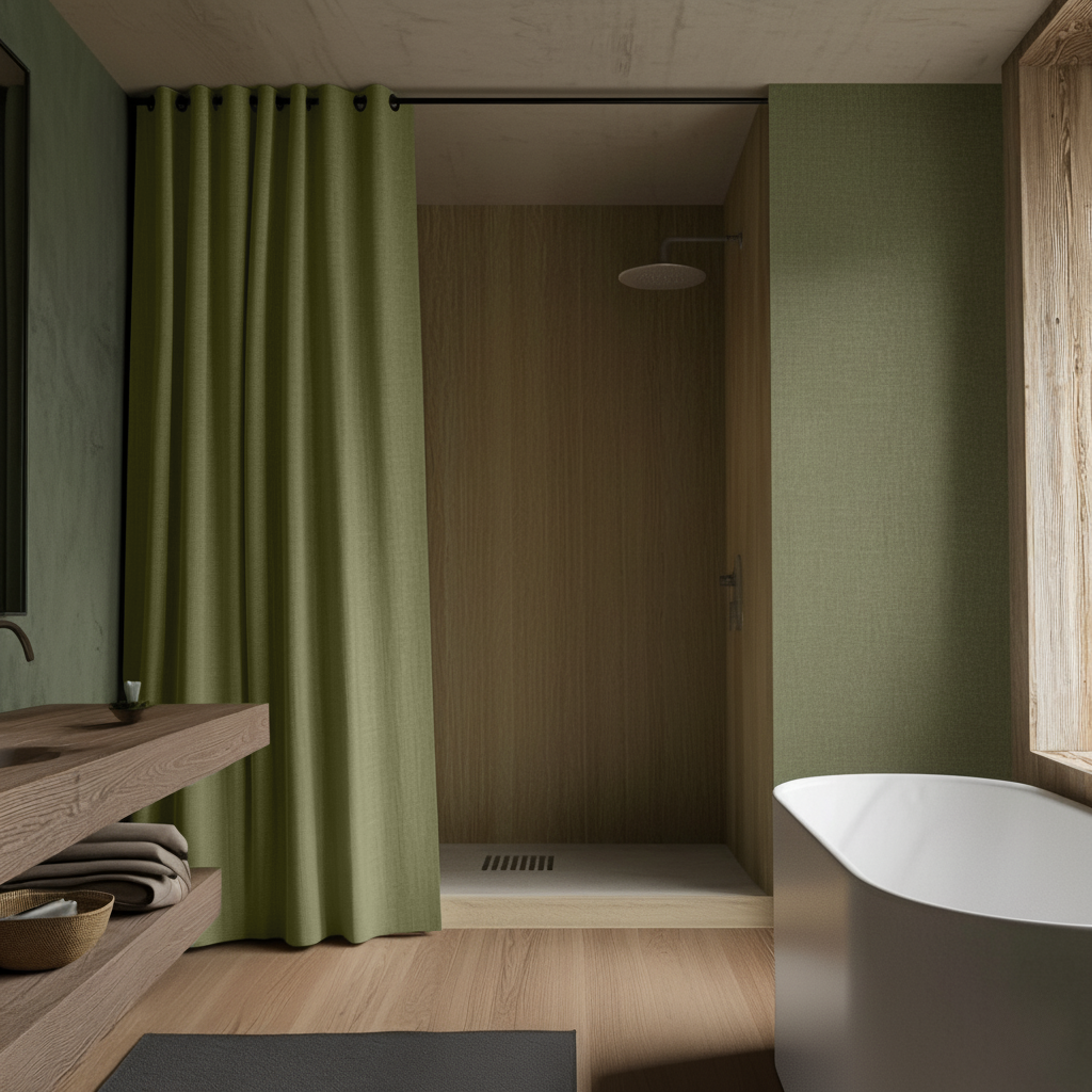 Olive Green Hookless Linen Shower Curtain