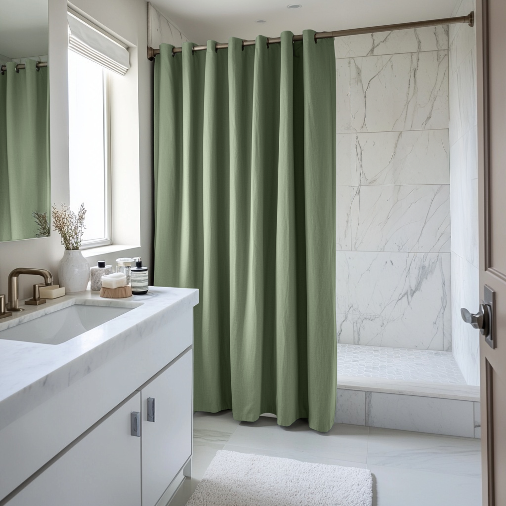 Asparagus Green Hookless Linen Shower Curtain