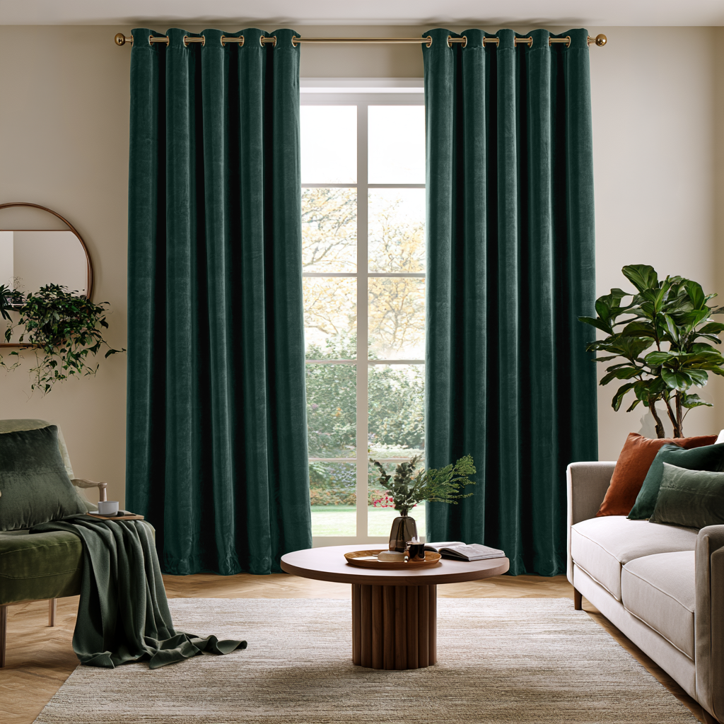 Hunter Green Velvet Grommet Extra Long Curtains in a Transitional Living Room with Neutral Sofa and Garden View