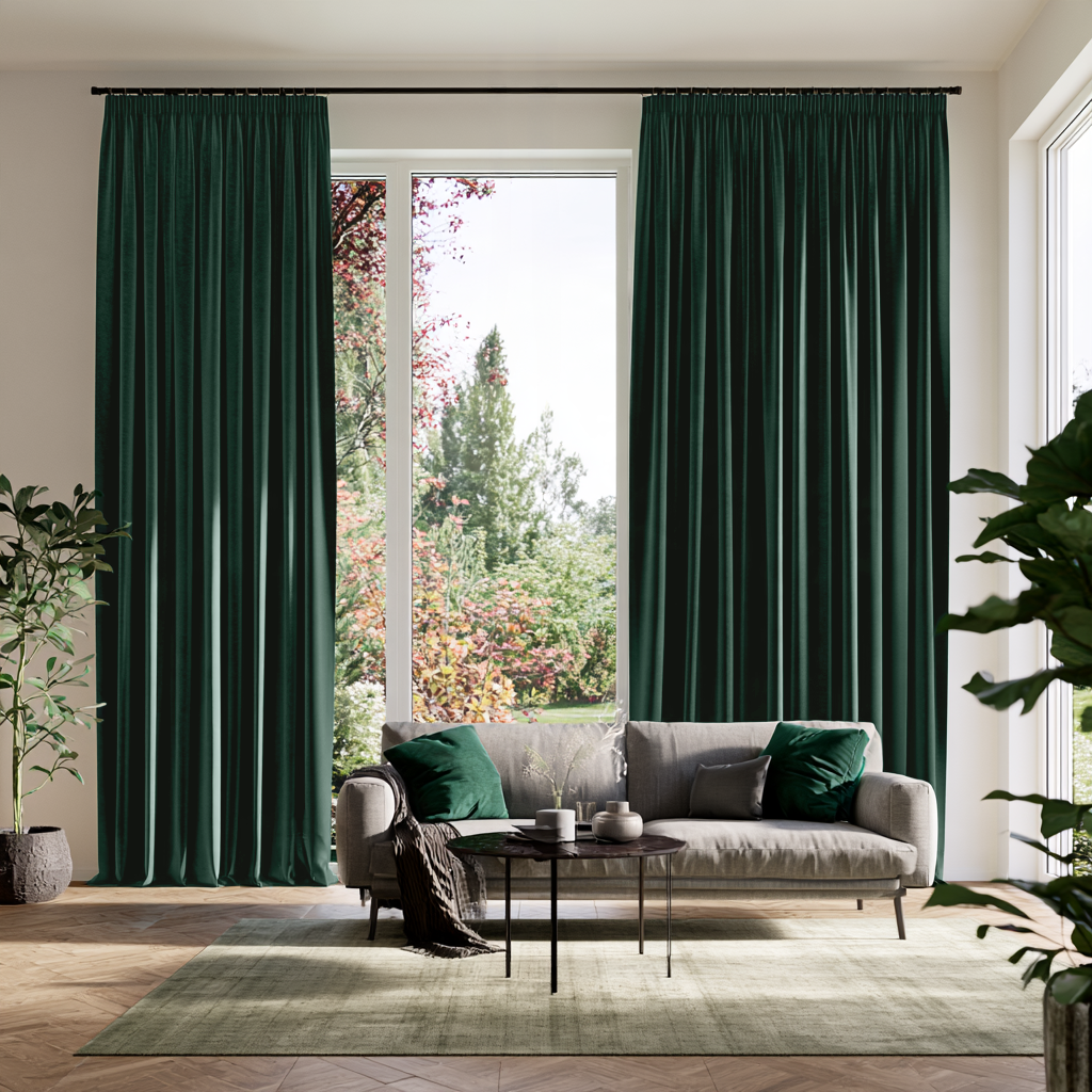 Hunter Green Velvet Pencil Pleat Extra Long Curtains in a Contemporary Living Room Setting With a Gray Sofa, Green Pillows, and Plants