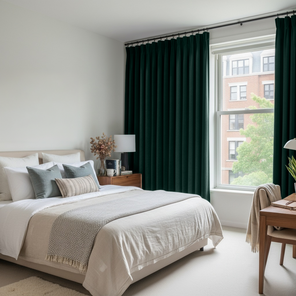 Hunter Green Velvet Pinch Pleat Blackout Curtains in a Bedroom with Light Grey Walls