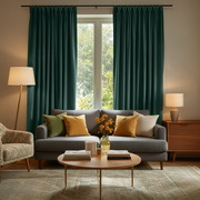Hunter Green Velvet Pinch Pleat Blackout Curtains in a Living Room with Beige Walls