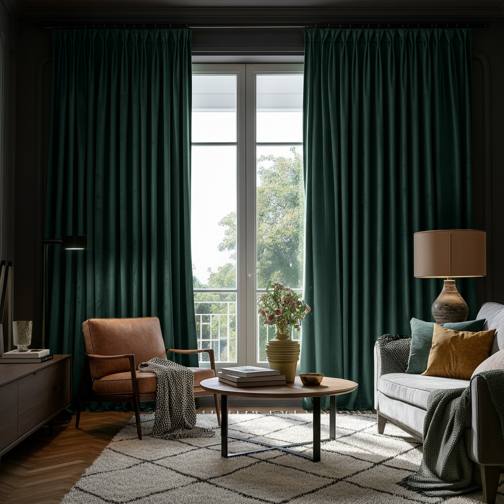 Hunter Green Velvet Pinch Pleat Blackout Curtains in a Living Room with Charcoal Walls