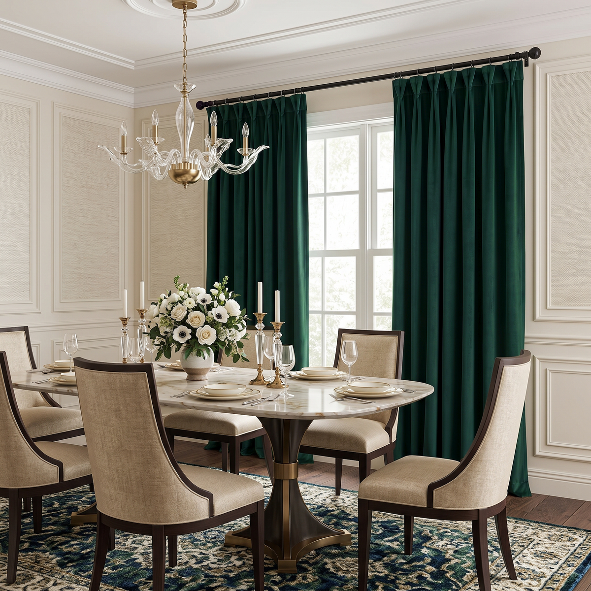 An elegant classic dining room with deep emerald-green curtains, an oval dining table, upholstered beige chairs, a crystal chandelier, refined tableware, and a lush white floral centerpiece
