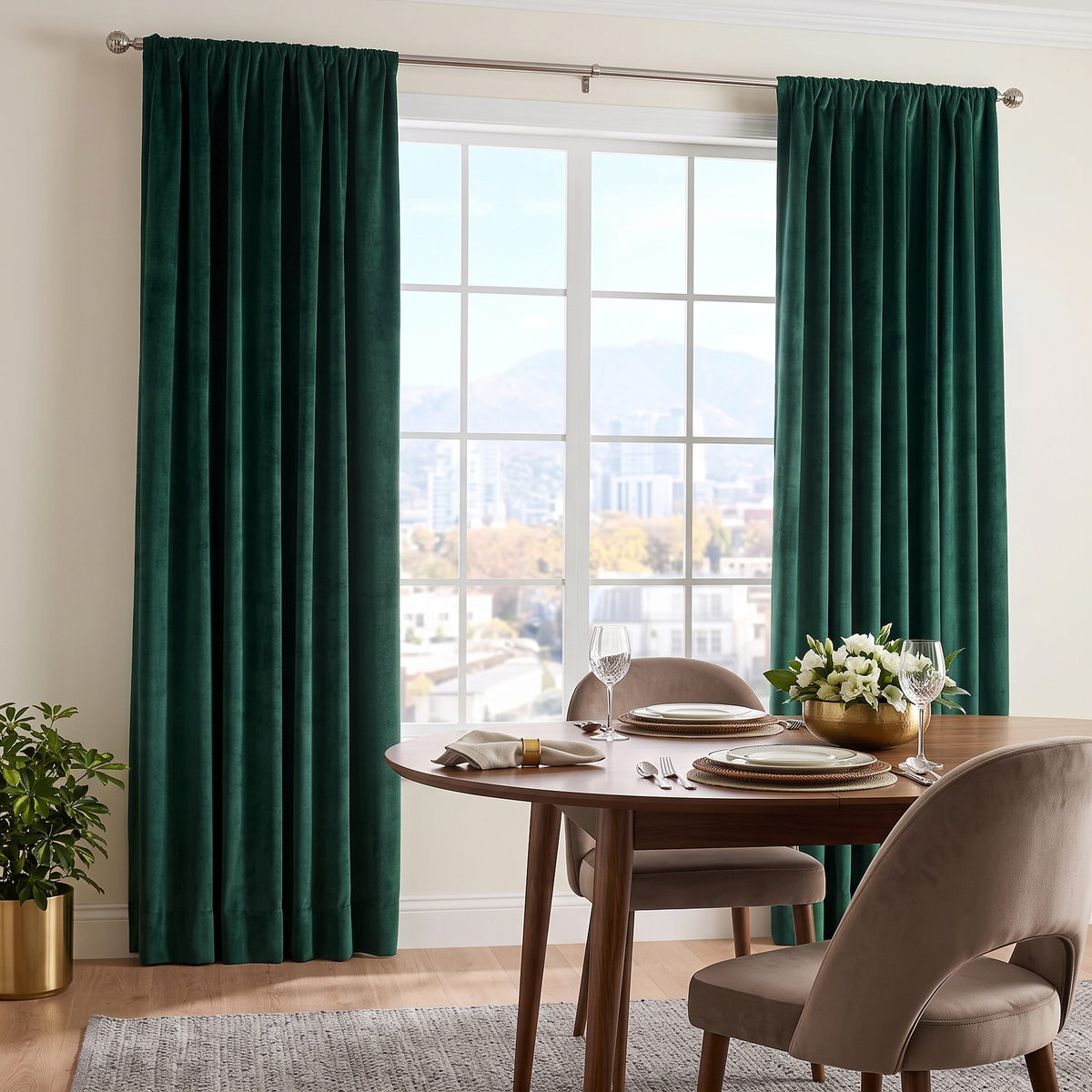 A bright sophisticated dining room with rich emerald-green curtains, a round wooden table, upholstered taupe chairs, elegant tableware, and a fresh floral centerpiece