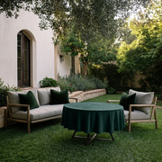 Hunter Green Velvet Round Tablecloth in a Garden Patio