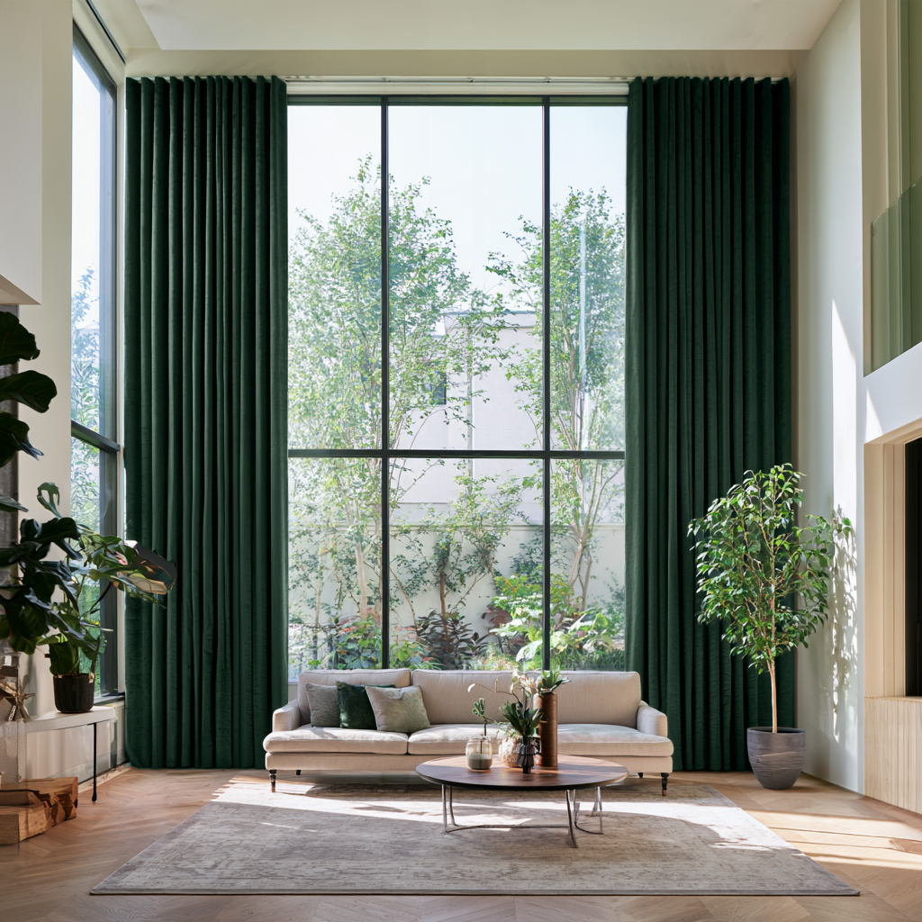Hunter Green Velvet S-Fold Extra Long Curtains in a Modern Living Room with Double-Height Windows and Neutral Beige Sofa