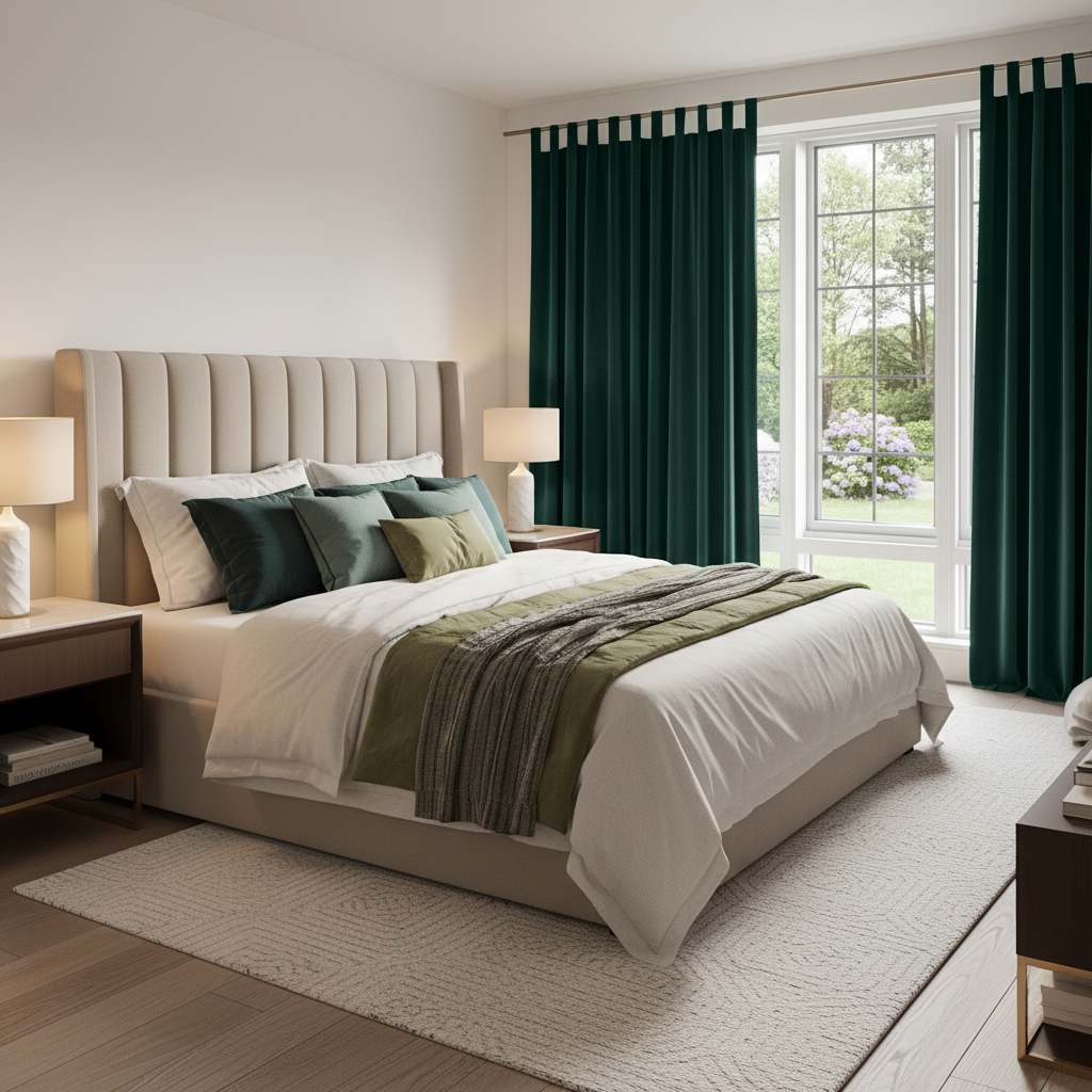 Hunter Green Velvet Tab Top Blackout Curtains in a Bedroom with Crisp White Walls