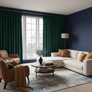 Hunter Green Velvet Tab Top Blackout Curtains in a Living Room with Navy Blue Walls