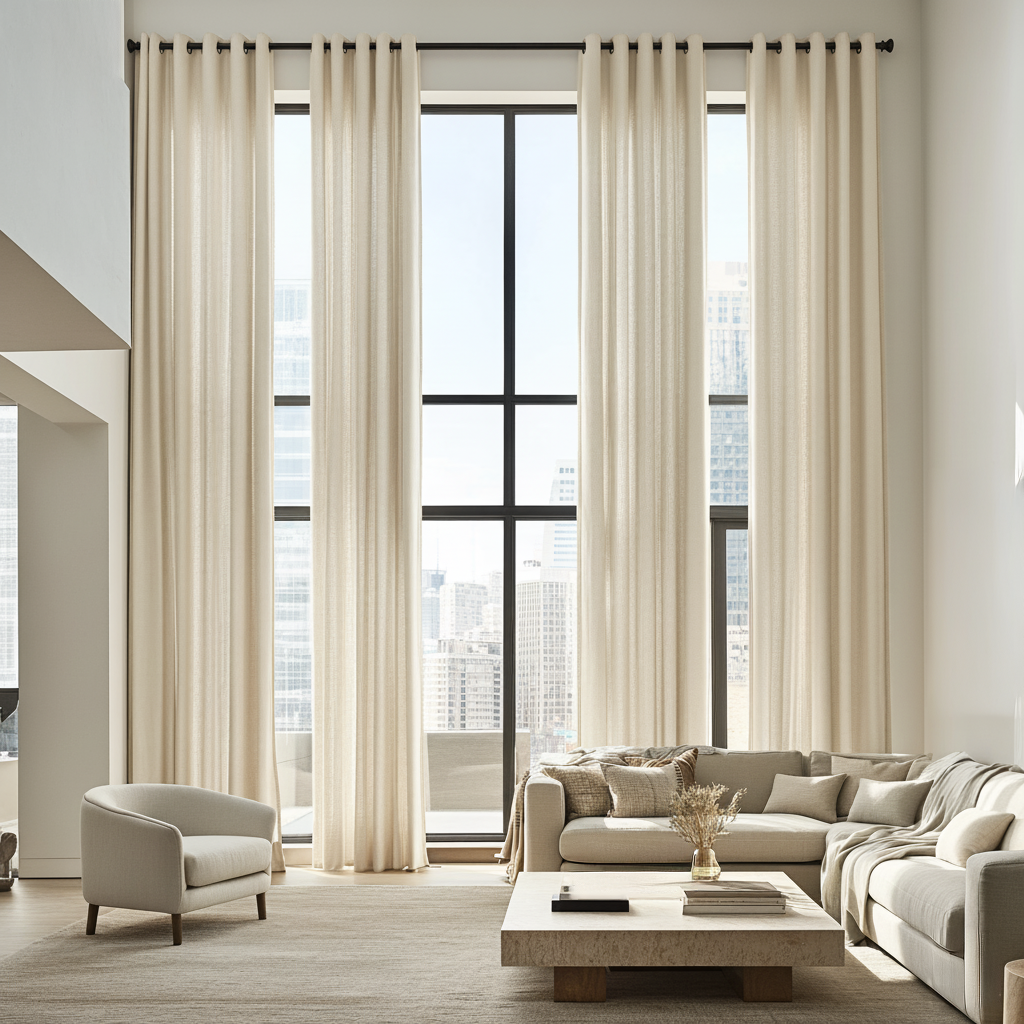 Large Cream Linen Grommet Curtains - Cotton Lining