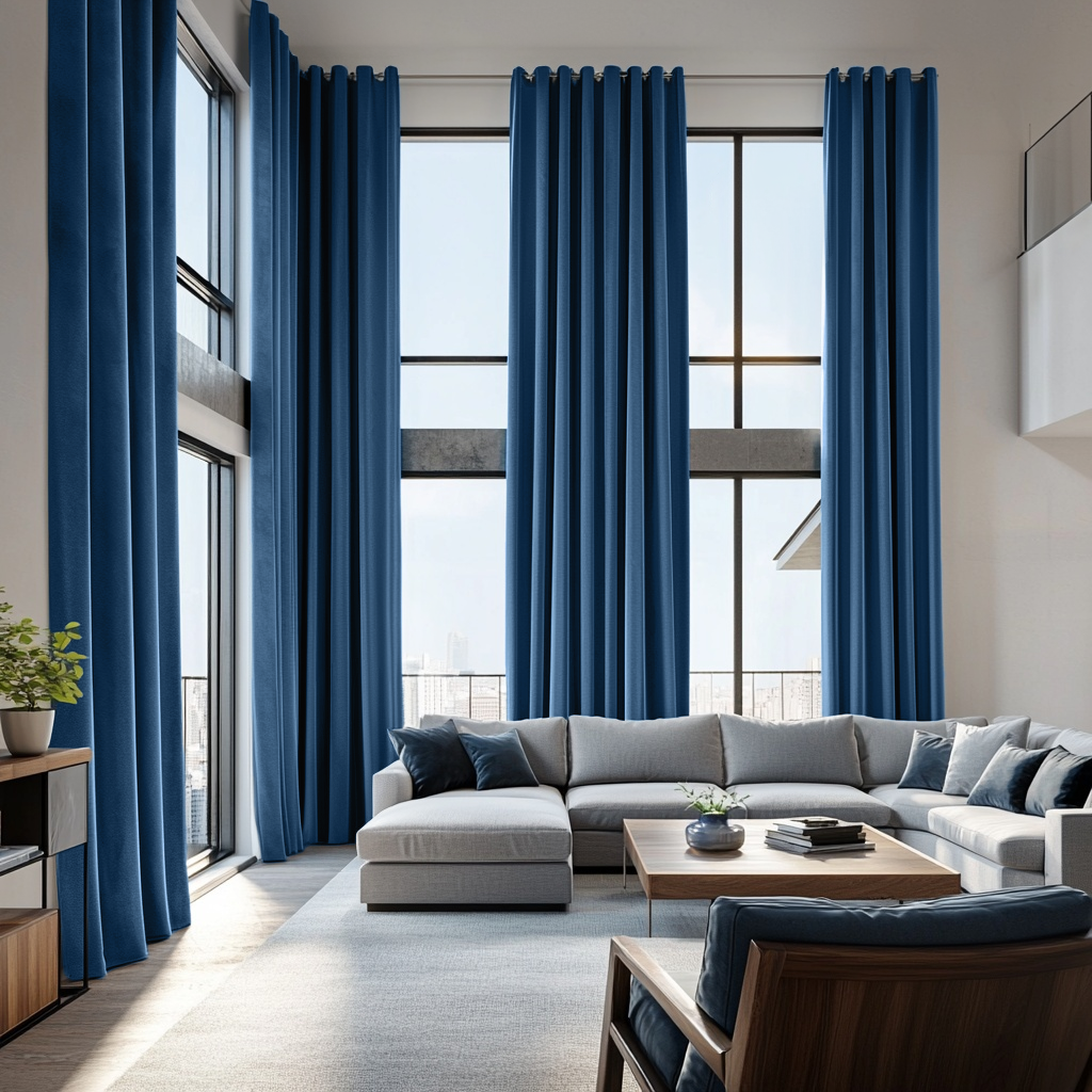 Large Steel Blue Velvet Grommet Blackout Curtains