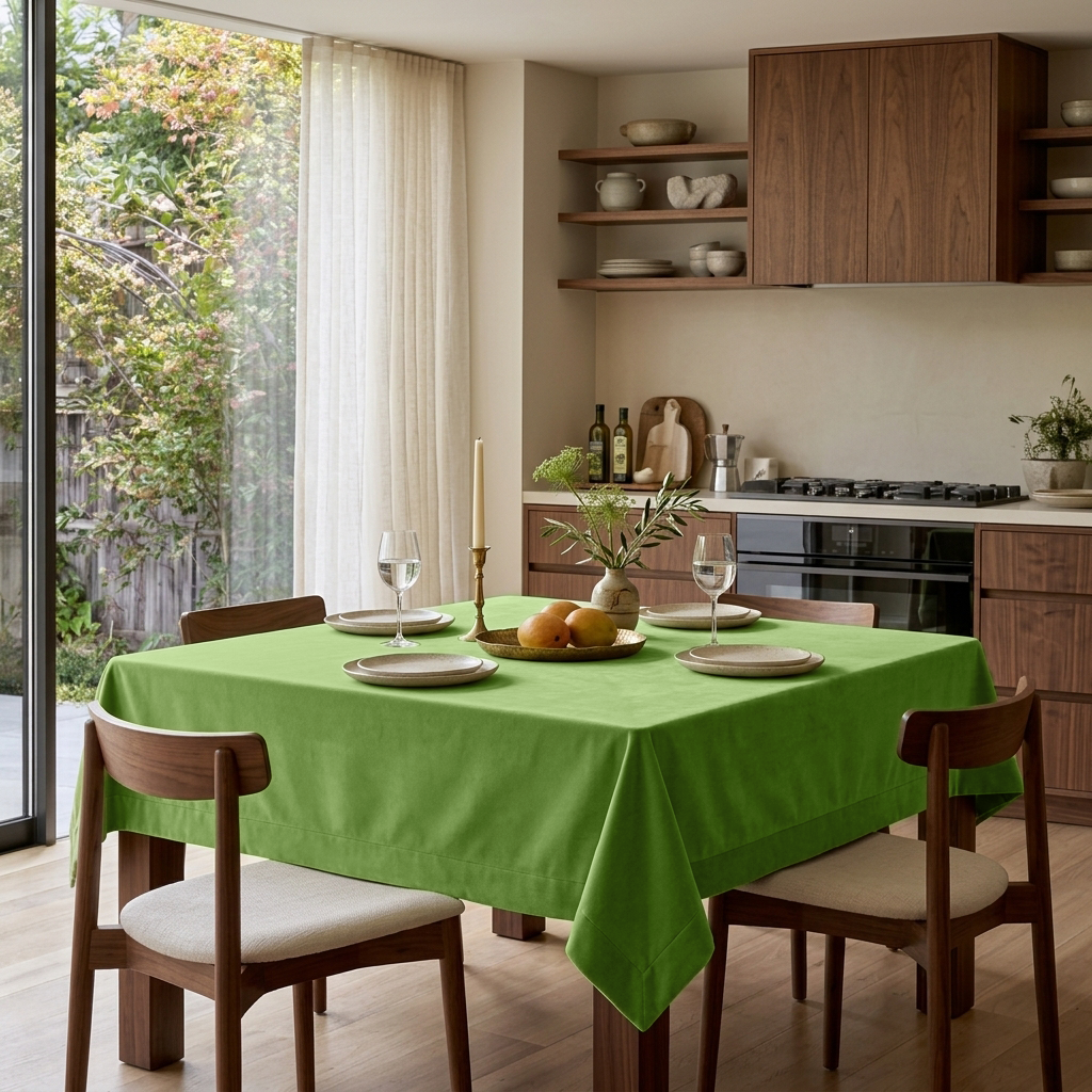 Light Green Square Velvet Tablecloth in a Contemporary Kitchen with Walnut Cabinetry
