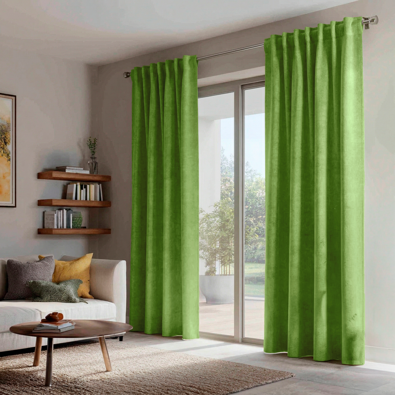 Light Green Velvet Back Tab Blackout Curtains for Sliding Doors in a Living Room with Grey Walls