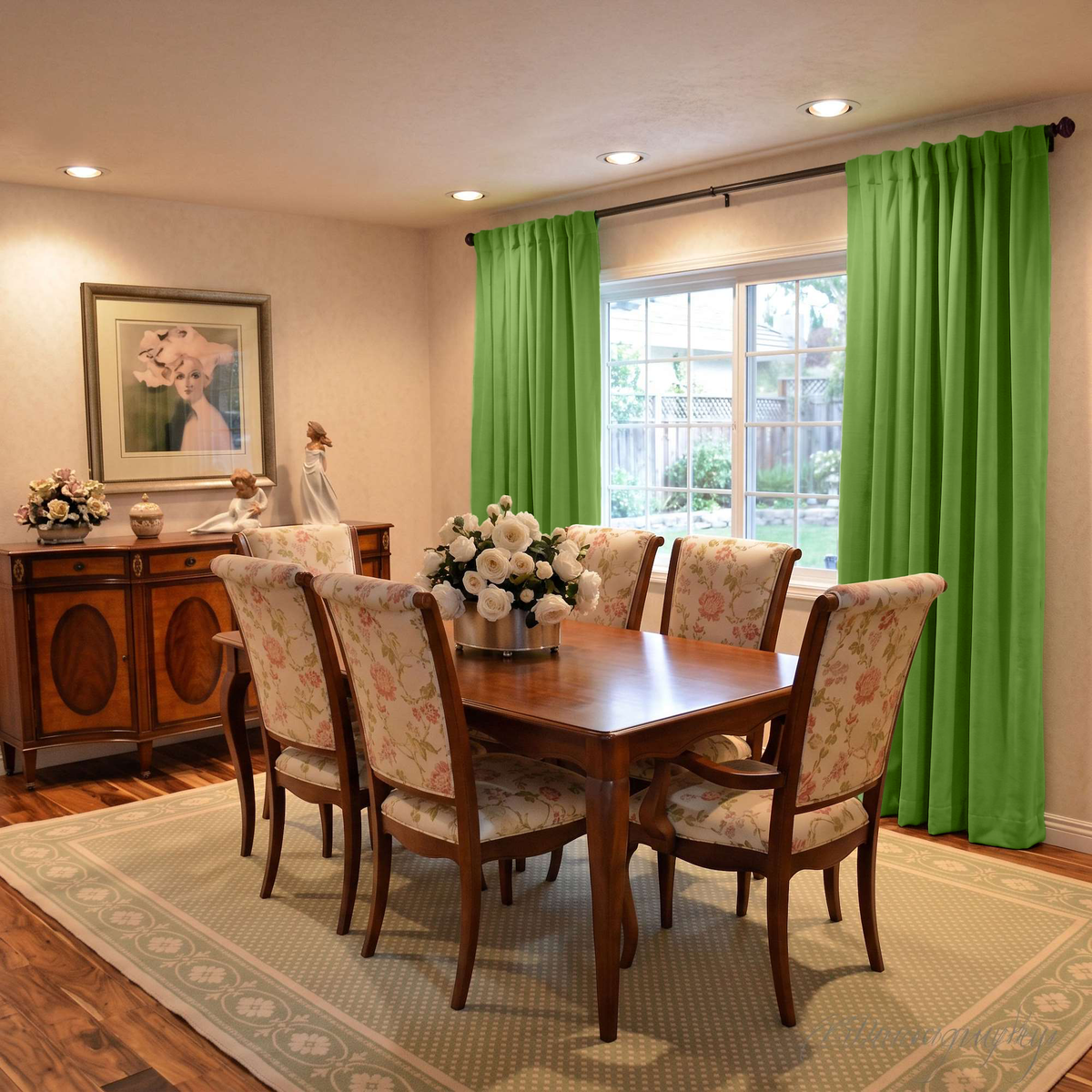 Light Green Velvet Curtains in a Rich Dining Room with Beige Walls and Wooden Chairs with Soft Seats, Patterned Carpet