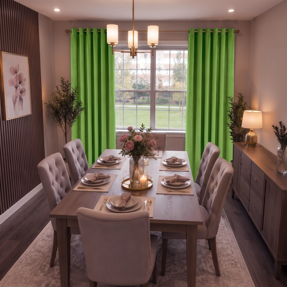 Light Green Velvet Curtains in a Rich Dining Room with Beige Walls and Wooden Chairs with Soft Seats, Patterned Carpet